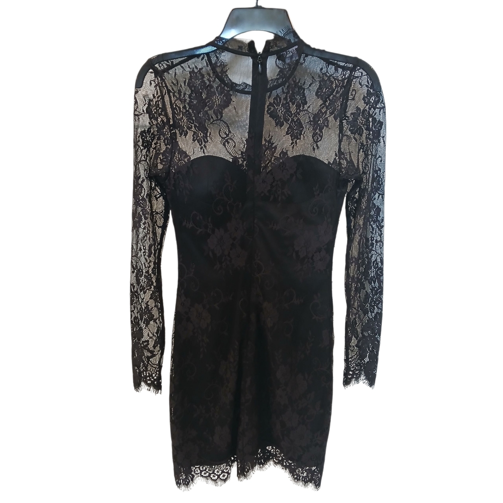 bebe Black Lace Dress Size 6 Illusion Sleeve Gothic Formal High Neck Short
